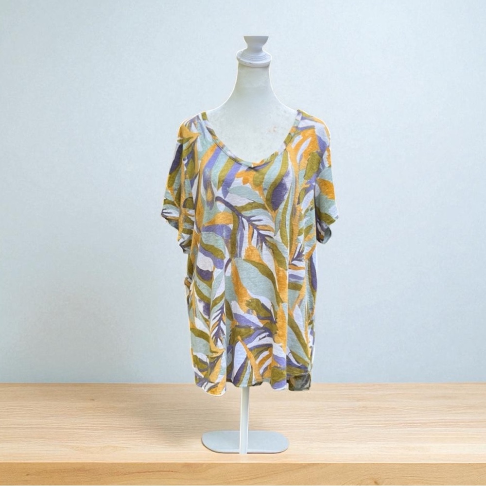 Rachel Zoe 100% Linen Slub Knit Short Sleeve Top in Abstract Print Size 1X